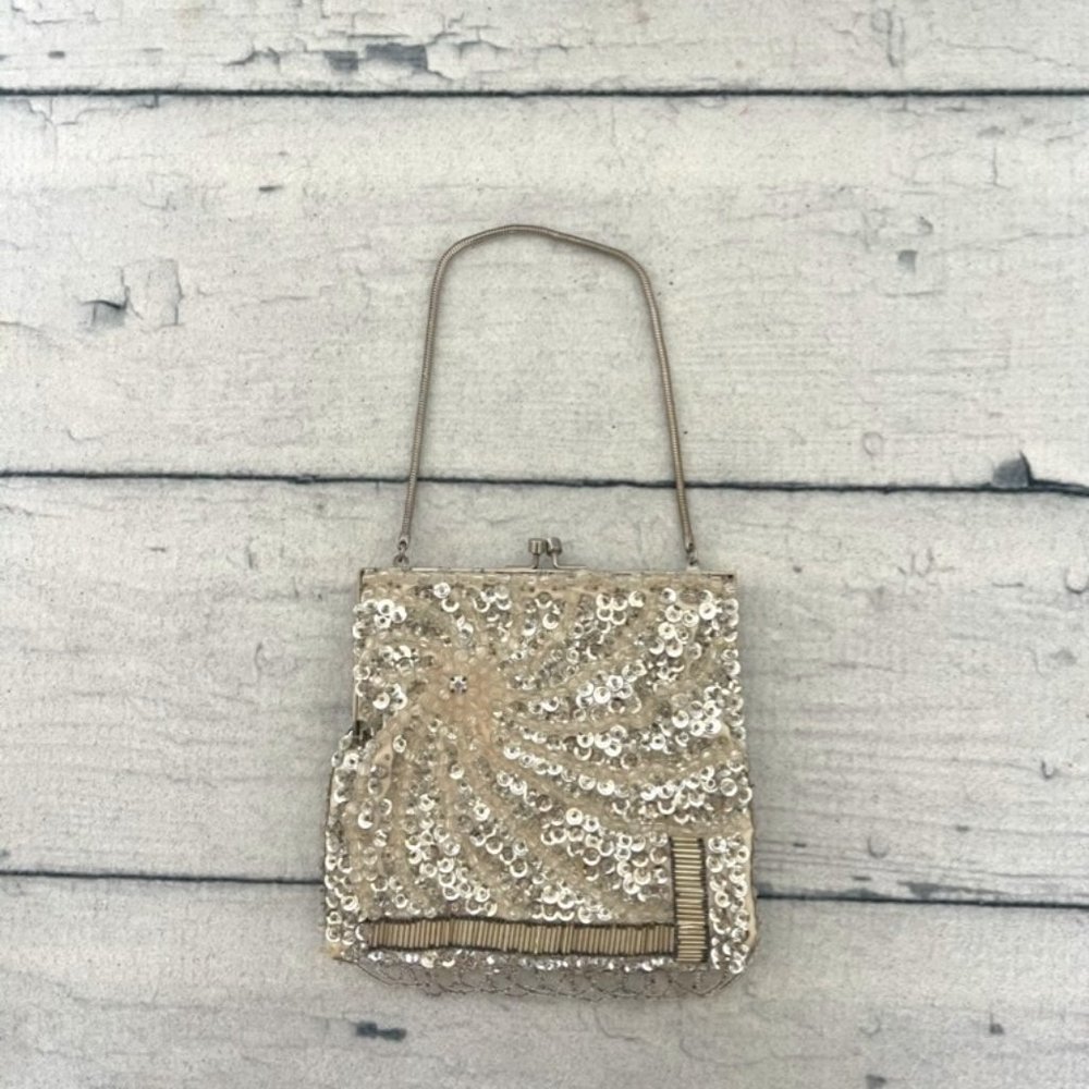 Vintage handbag coin purse clutch 1980 silver beaded sequin trinket